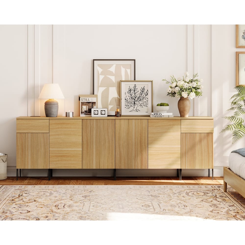 94.5" Modern Wood Reeded Dresser With Doors, Minimalist Dresser Organizer Storage With Charging Station