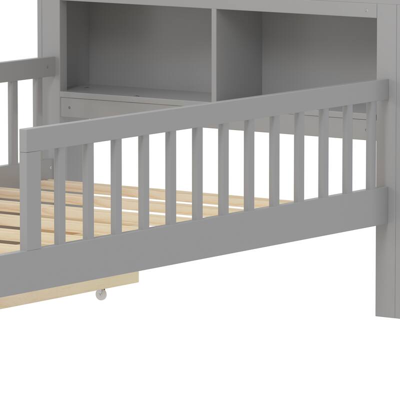 Twin Size Bed with Headboard Storage, Safety Guardrails, and Under-Bed Drawers