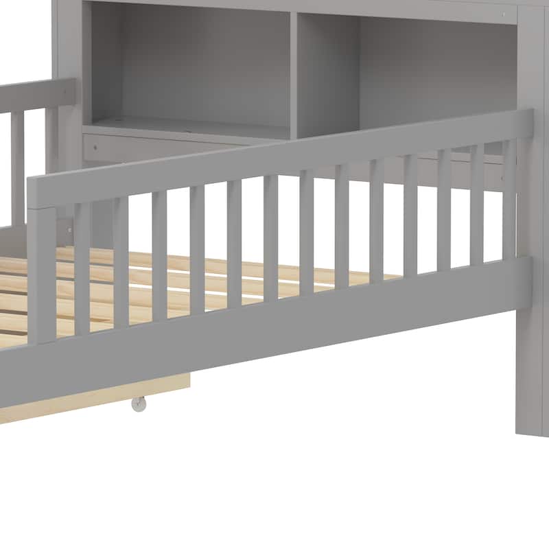 Twin Size Bed with Headboard Storage, Under-Bed Drawers & Safety Guardrails,Gray