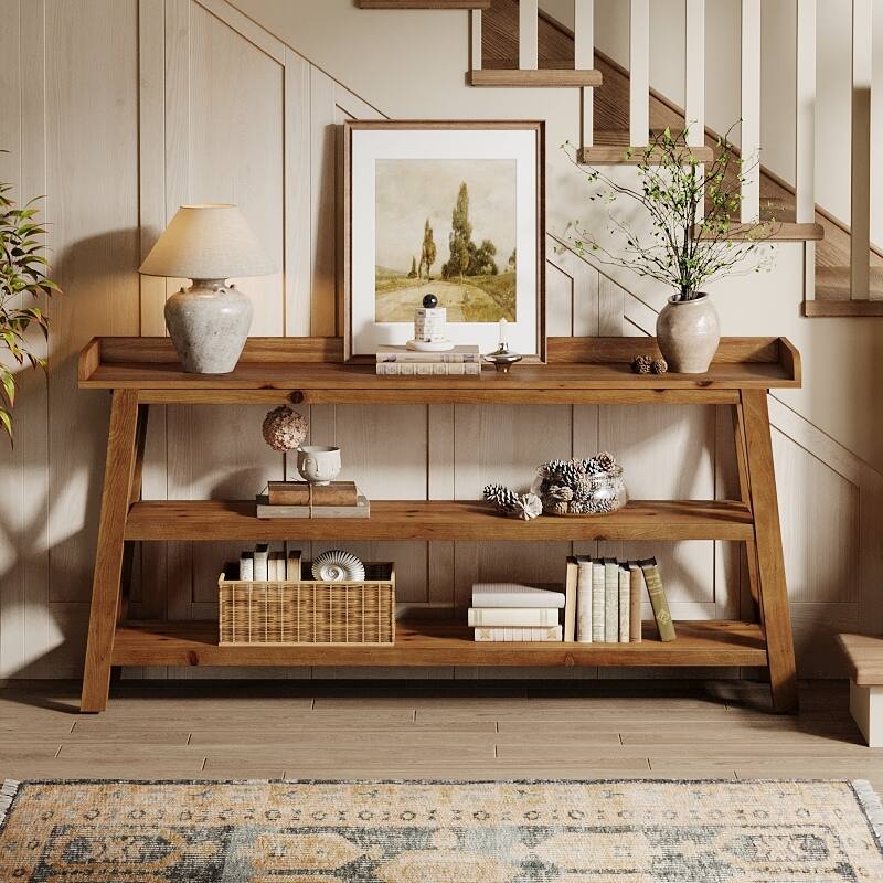 63-Inch Solid Wood Console Table with X-Shaped Frame, 3-Tier Storage - 62.99" L x 13.78" W x 35.83" H