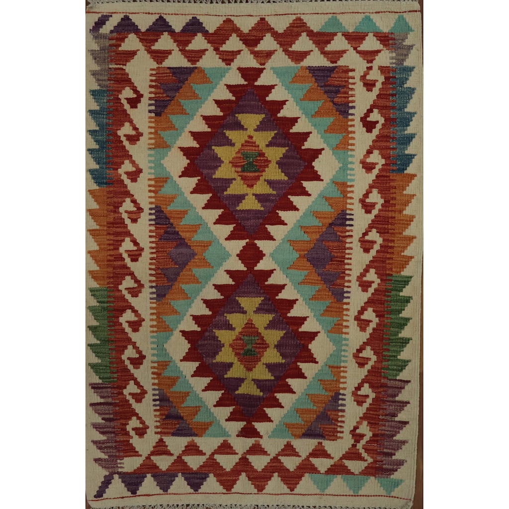 Hand Woven Oriental 100% Wool Carpet Southwestern Tribal Multi-Colored Kilim Area Rug - 4' 0'' X 2' 9''