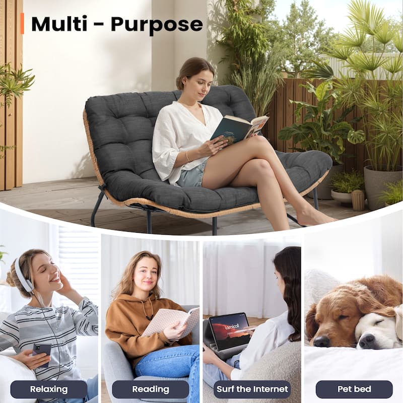 All-Weather PE Rattan Double Papasan Chair Loveseat with Soft Cushion for Indoor Outdoor