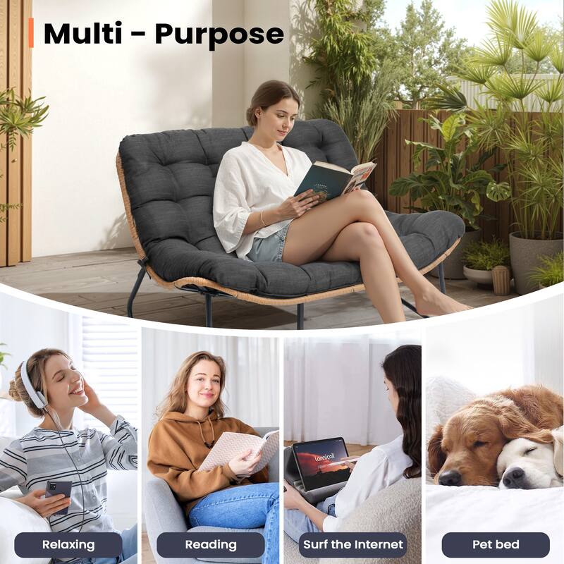 Double Papasan PE Rattan Chair Loveseat with Cushion For Indoor Outdoor