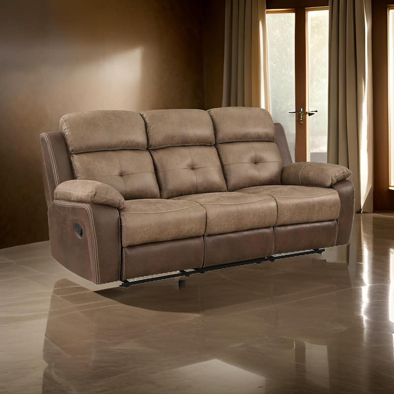 Emma 84 Inch Double Manual Recliner Sofa, Soft Brown Microfiber, Solid Wood