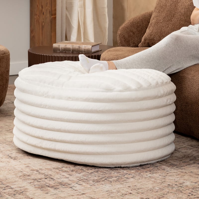 Large Plush Faux Fur Ribbed Pouf Ottoman - 35" - Cream
