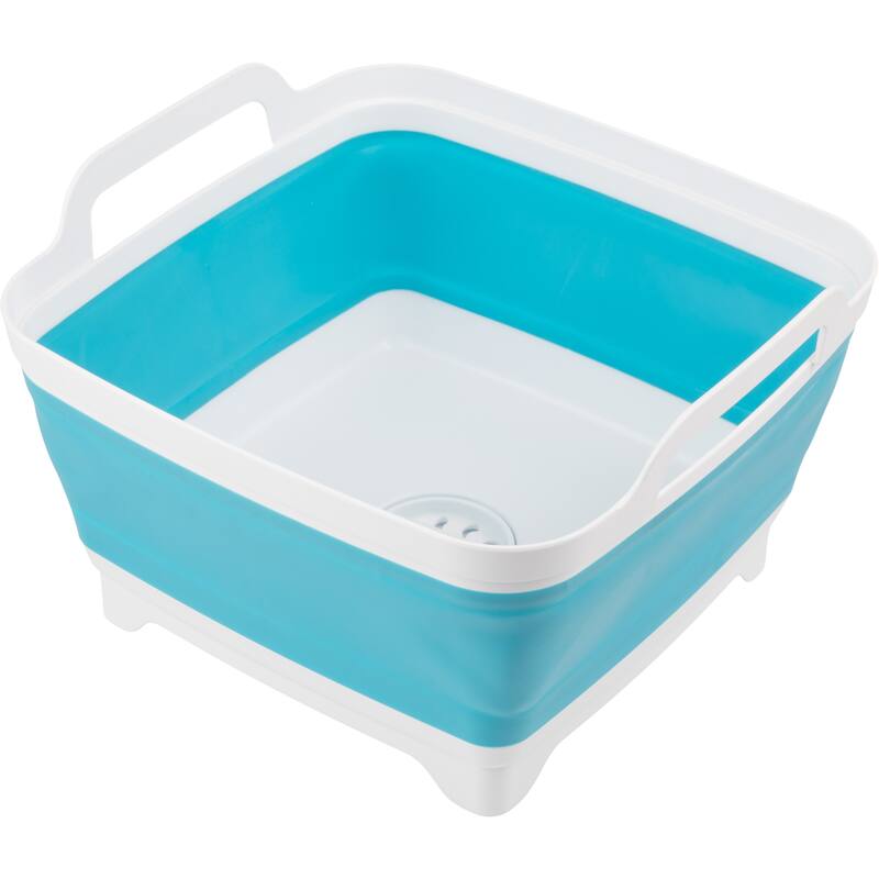 Collapsible Wash Basin - 9L Portable Sink with Drain - Plastic Tub Dish Pan for Camping, Handwashing Laundry by Wakeman Outdoors - Blue