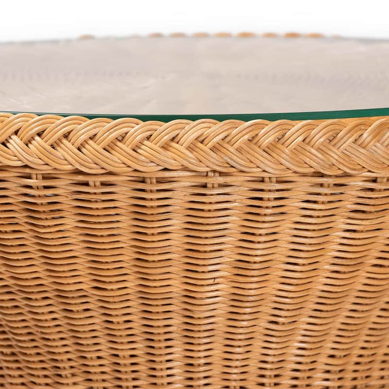 Nina Bohemian Light Honey Braided Rattan End Table with Glass Tabletop