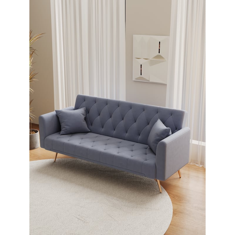 Velvet Loveseat Sofa Adjustable Backrest Sleeper Sofa Bed with 2 Pillow Upholstered Deep Seat Sofa, Tufted Couch