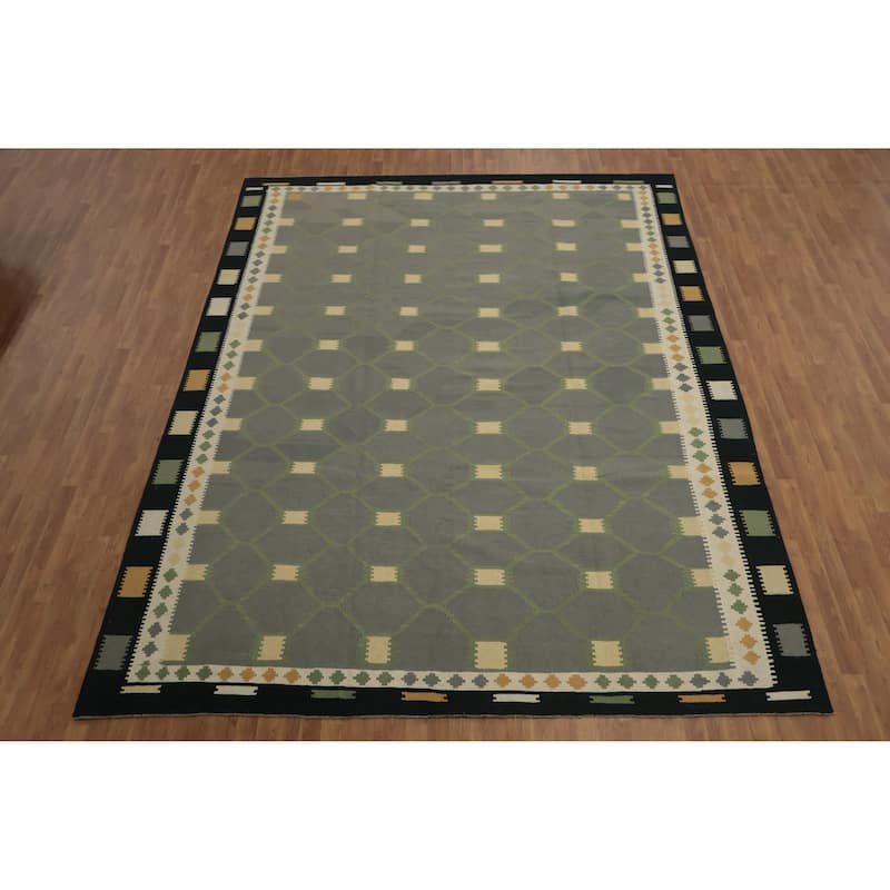Hand Woven Oriental 100% Wool Carpet Southwestern Modern Greys & Charcoal Kilim Area Rug - 13' 0'' X 9' 10''
