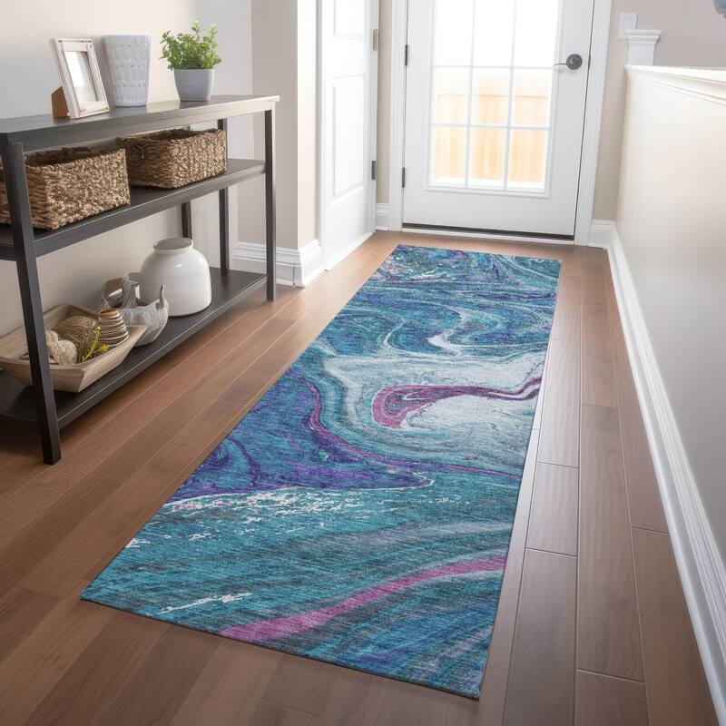 Machine Washable Indoor/ Outdoor Abstract Brushstroke Chantille Rug - Teal - 2'3" x 7'6"
