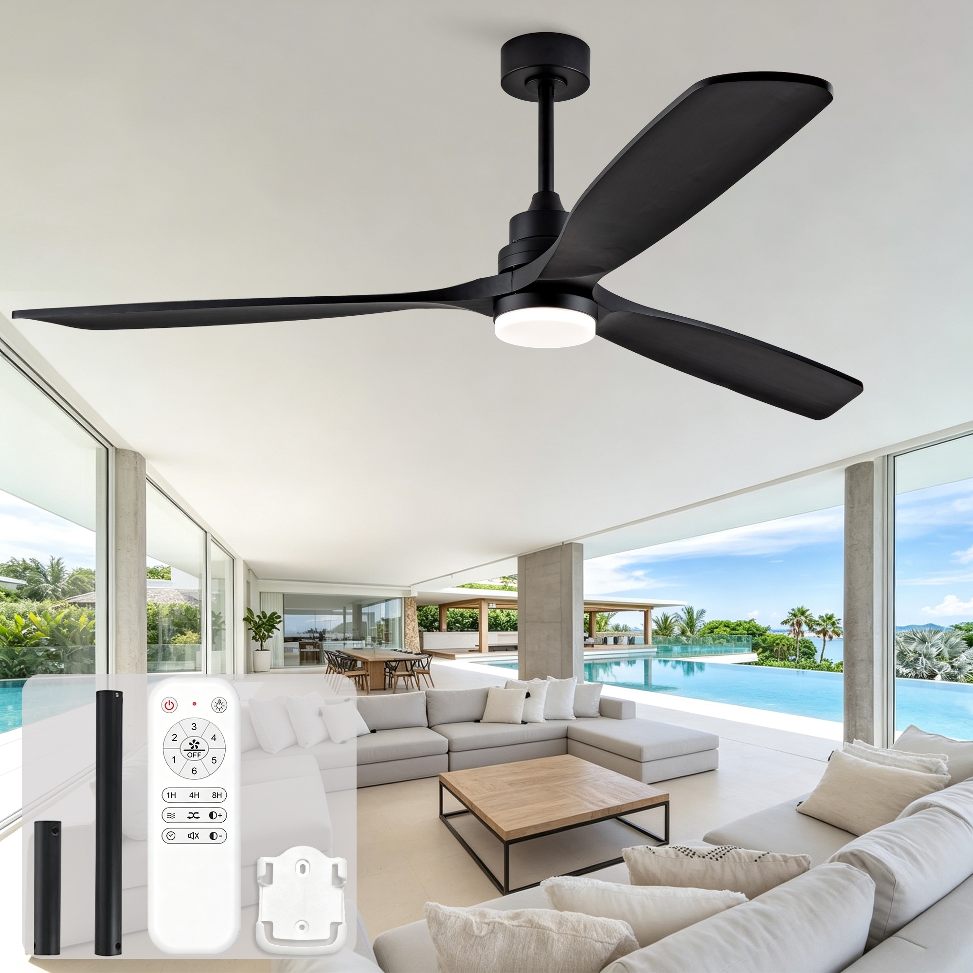 70"Thickened Solid Wood Three-Blade Propeller Ceiling Fan Light, 3CCT, Dimmable, Quiet Reversible DC Motor with Remote Control