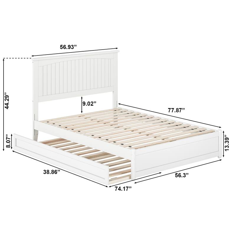 Victorian Full Platform Bed with Trundle & USB - Solid Wood, White, Panel Footboard - HomeStock