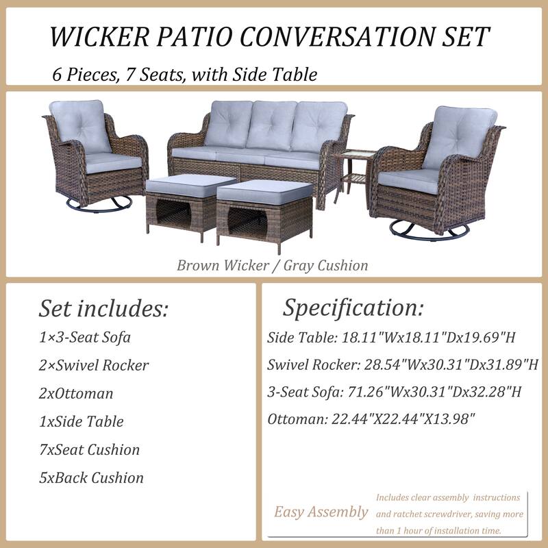 6 Piece Outdoor Wicker Patio Conversation Sofa Sets with Swivel Chairs