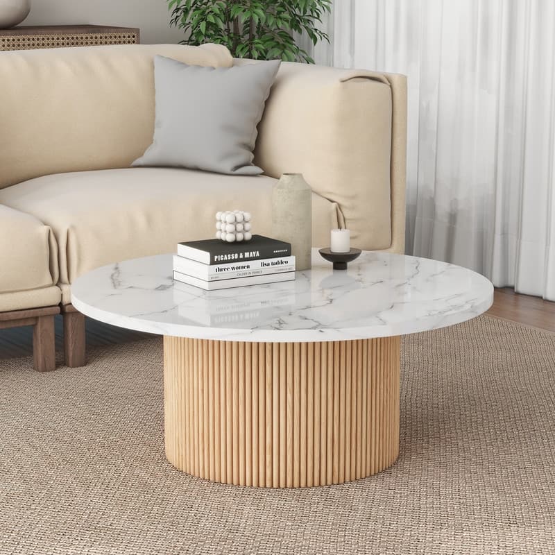 Modern Round Coffee Table with Solid Wood Fluted Design