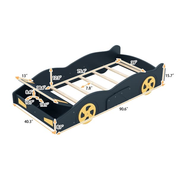 dimension image slide 1 of 2, Twin Race Car Platform Bed with Wheels & Storage - Fun for Kids