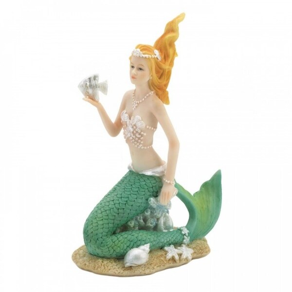 Mermaid Holding Fish and Resting Tail Up Mermaid Figurine