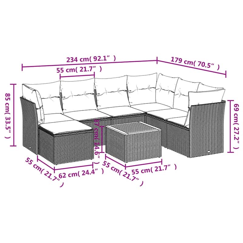 vidaXL Patio Sofa Set with Cushions Outdoor Furniture 8 Piece Poly Rattan - 24.4" x 24.4" x 27.2"