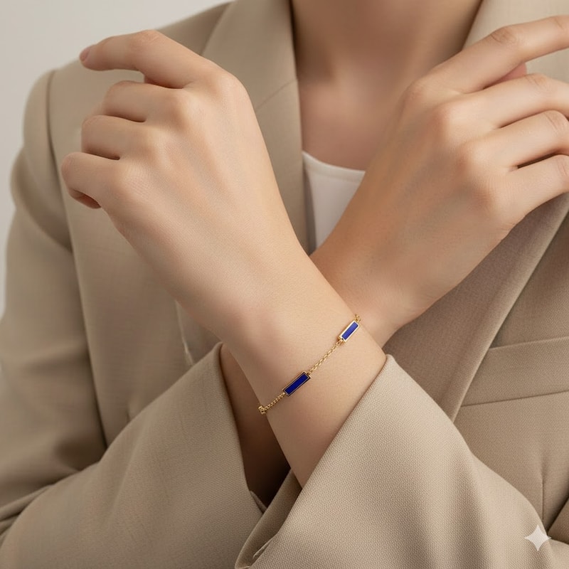 Curata 14k Yellow Gold Italian 7" Inlaid Genuine Gemstone 10X2mm Bar Station Bracelet