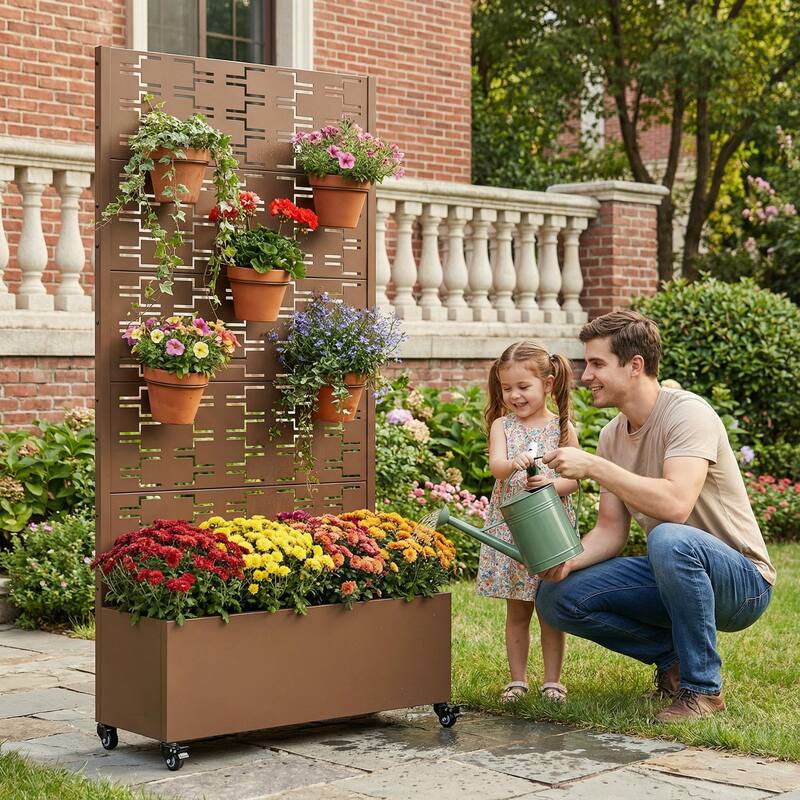 Metal Planter Box with Trellis Privacy Screen Planter Box with Lockable Wheels