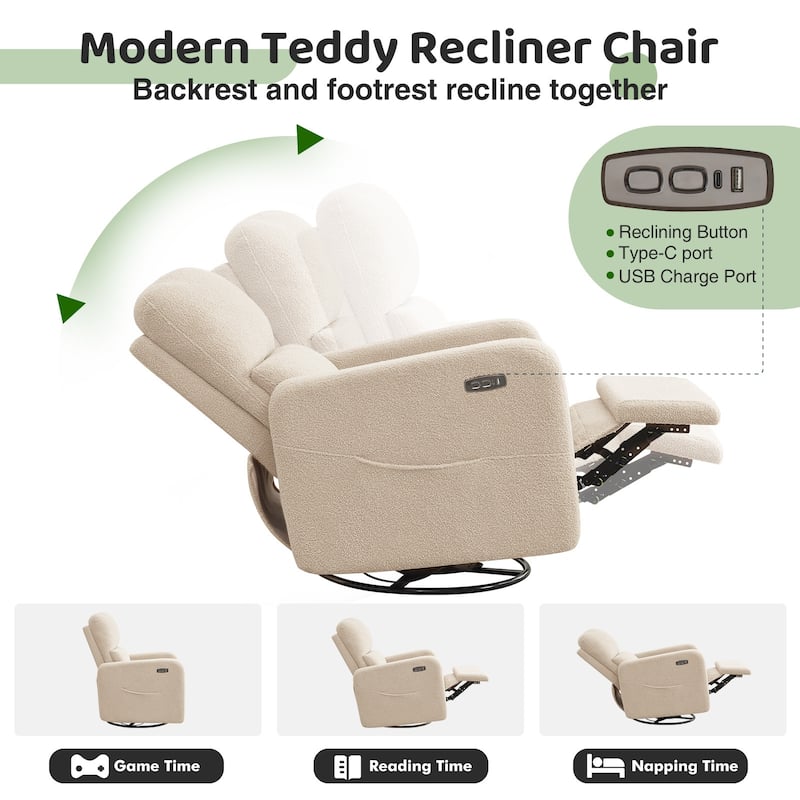 Swivel Power Recliner Chair Teddy Nursery Glider Rocking Recliner