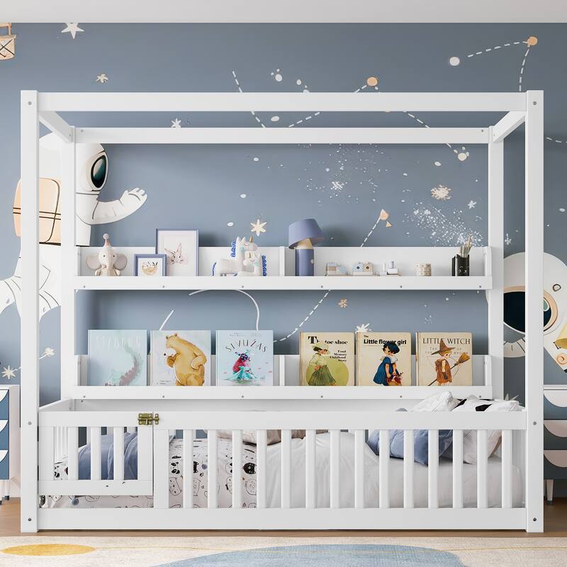 Montessori-Inspired Design Canopy Bed Kids Solid Wood Floor Bed Frame with Built-in Storage Shelves and Child-Safe Guardrails - White - Twin