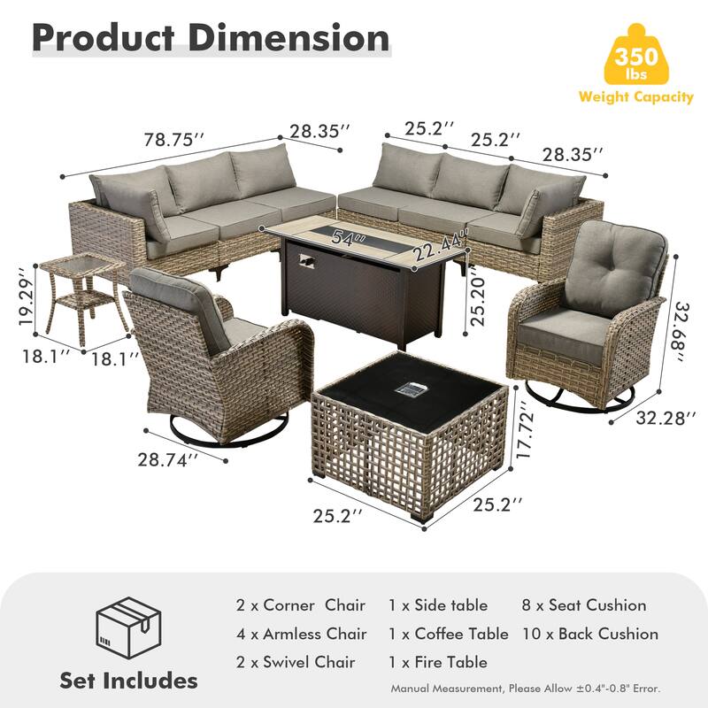 OVIOS 11 Pieces Outdoor Wicker Swivel Chair Set With Fire Table