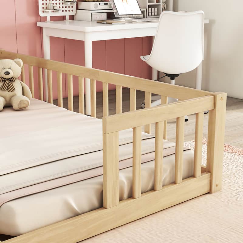 Double Twin Floor Bed with Fence and Guardrails, Natural Pine and Plywood, Assembly Required