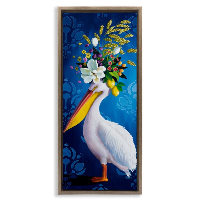 Stupell Floral Pelican over Damask Framed Floater Canvas Wall Art Design By Heather Gauthier - 15 x 31 - Brown