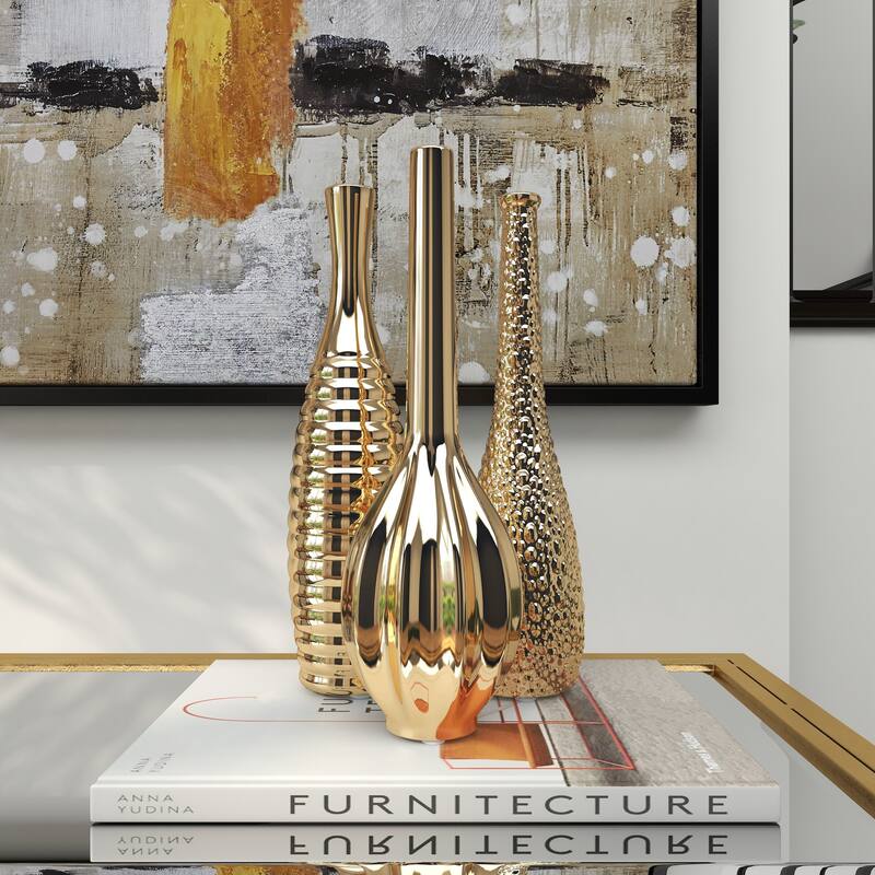 CosmoLiving by Cosmopolitan Sleek Ceramic Glam Vase with Varying Patterns (Set of 3) - Silver, Gold, Dark Blue, White