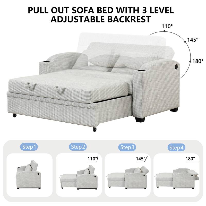 61.6" Pull Out Sofa Bed with Adjustable Backrest, 2 Pillows, Cup Holders & USB Ports, White Gray, Chenille