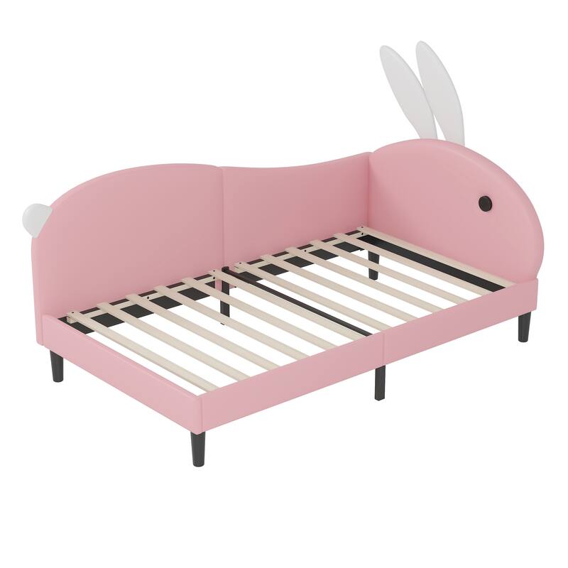 Twin Size Upholstered Rabbit-Shape Daybed with Playful Rabbit Ear Headboard, Soft Pink Sofa Bed for Kids and Teens
