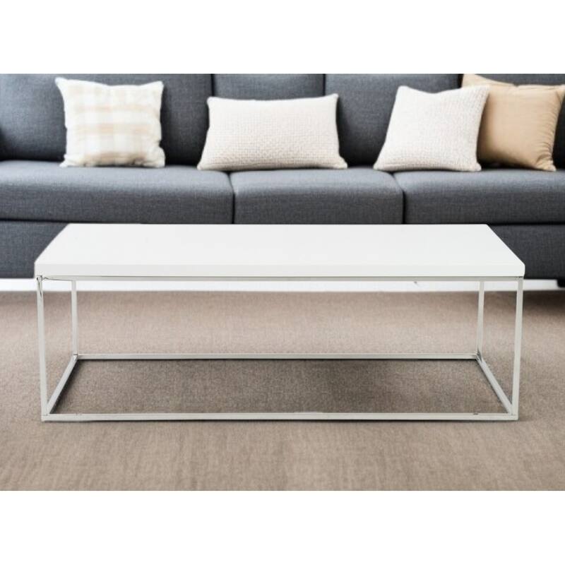 HomeRoots 35" White and Silver Wood And Metal Square Frame Coffee Table - 15.75" H x 47.25" W x 23.63" D - Wood and Metal