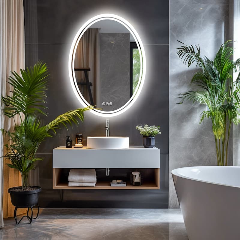 31.5” Oval Wall Backlit Bathroom Mirror Dimmable Makeup Mirror with 3 Lights, Anti-fog - 600x800mm - Silver