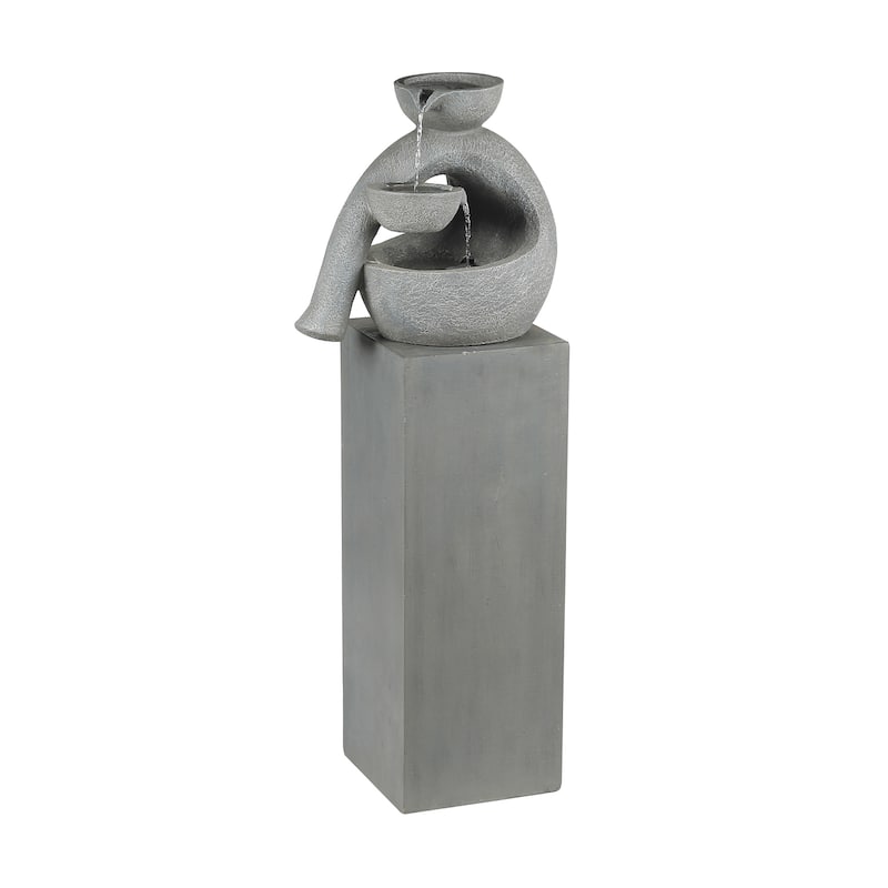 Gray Resin Modern Sculpture Pedestal Outdoor Fountain with LED Light