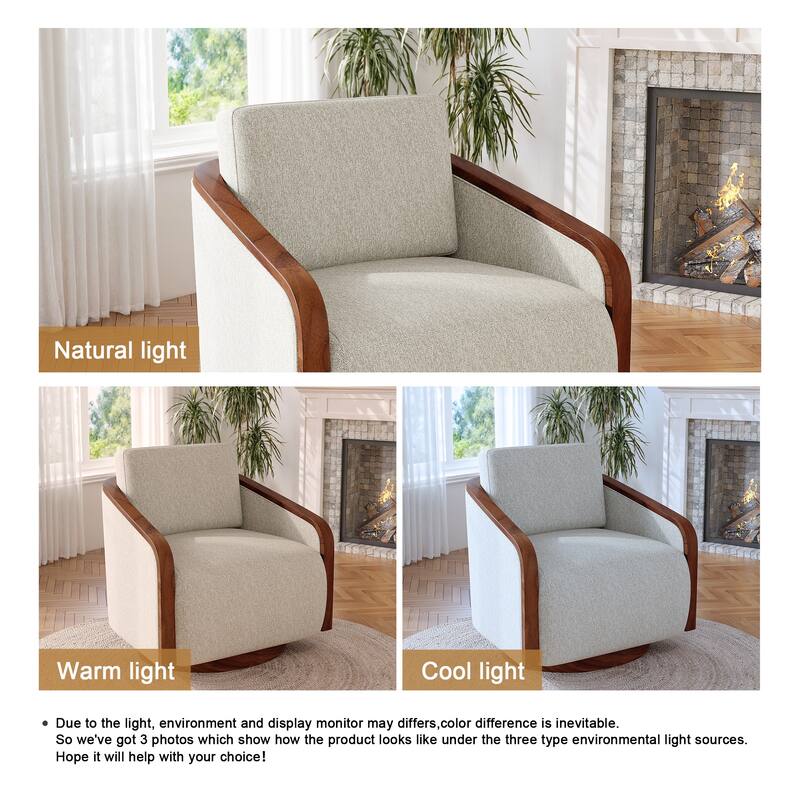 Upholstered Swivel Barrel Chair with Curved Wood Arms