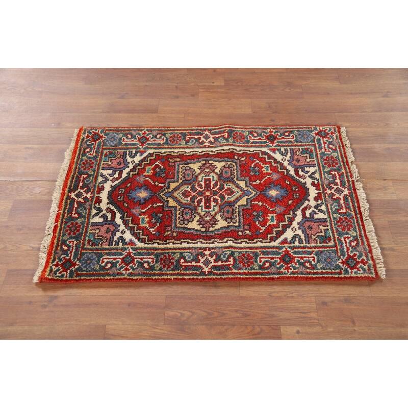 Geometric Heriz Serapi Indian Accent Rug Handmade Red Wool Carpet - 2'0" x 3'0"