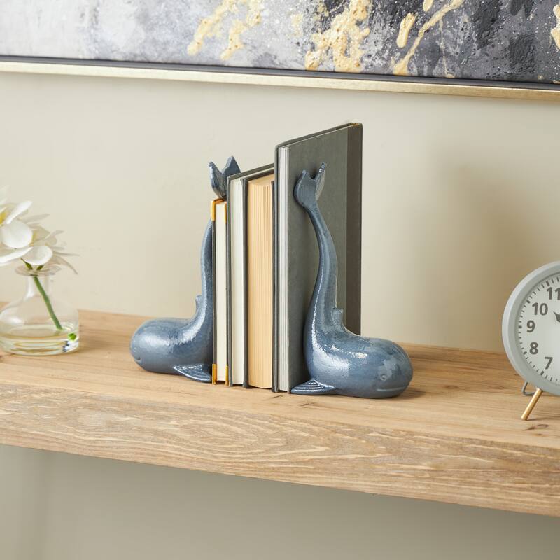 Blue Metal Dolphin Decorative Bookends with Raised Tails (Set of 2) - 4"W x 5"L x 10"H