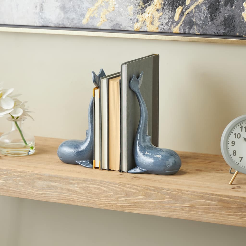 Blue Metal Dolphin Decorative Bookends with Raised Tails (Set of 2) - 4"W x 5"L x 10"H