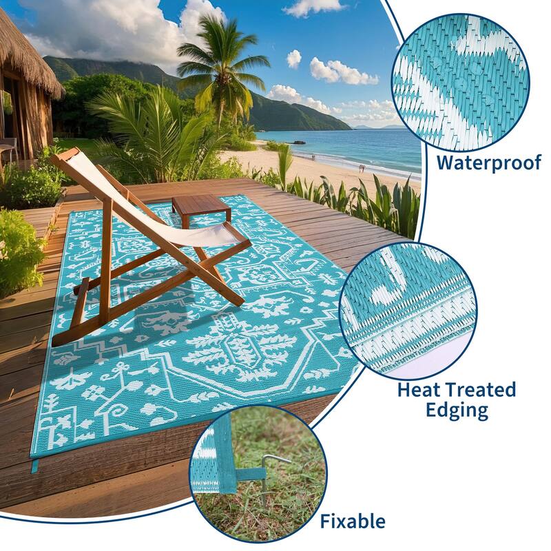 Outdoor Rug Reversible Plastic Straw Rug Outside Outdoor Waterproof Area Rug for Patio Deck Balcony Backyard Beach