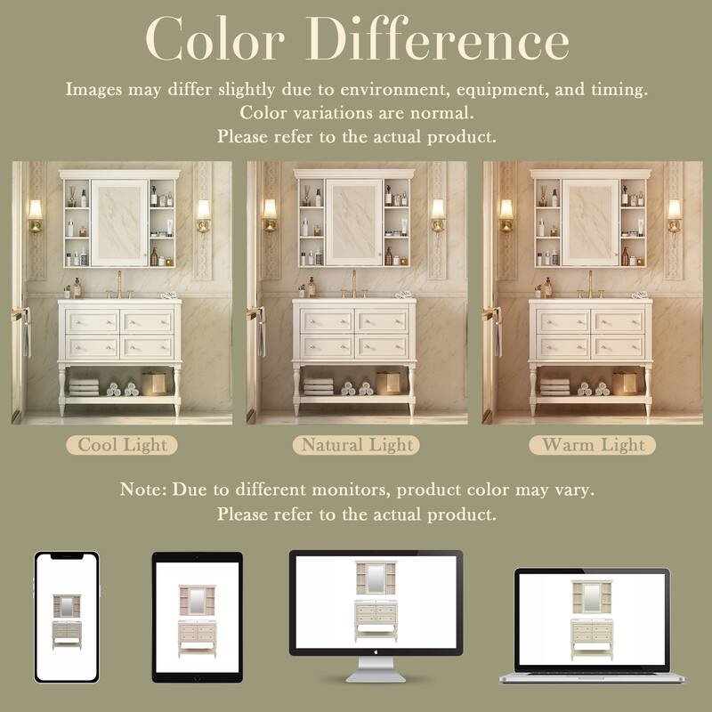 36"" Bathroom Vanity with Ceramic Sink and Medicine Cabinet, 4 Drawers, Storage Shelf, Solid Wood Frame,Bathroom Cabinet Set