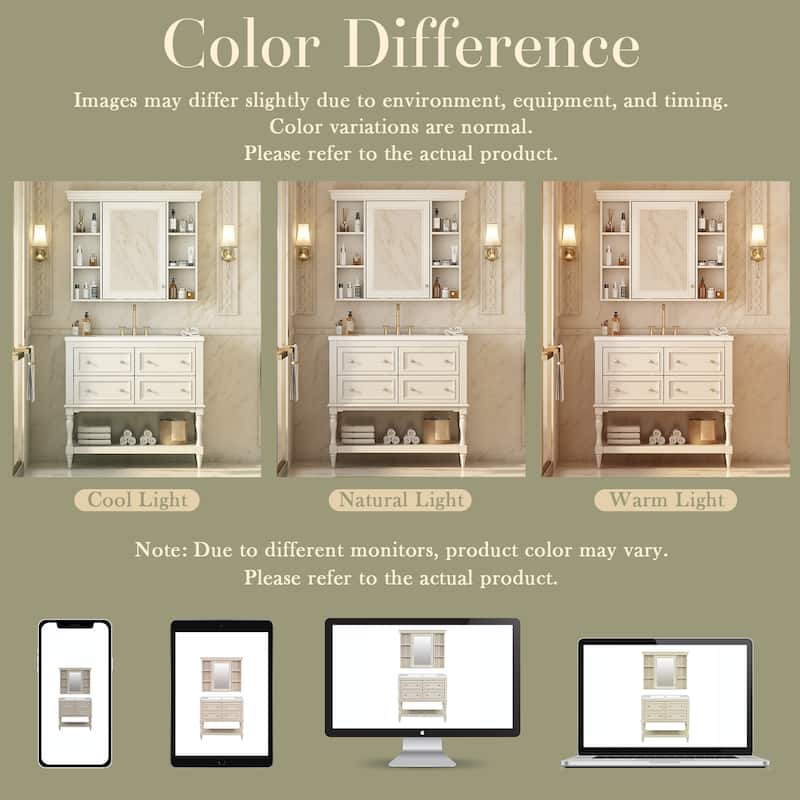 Roomfitters 36" Vanity with Medicine Cabinet, Mirror Cabinet with Shelf, Solid Wood Bathroom Cabinet with 4 Drawers
