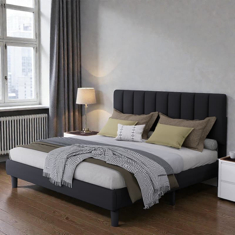 Upholstered Platform Bed Frame with Adjustable Headboard, Velvet Upholstered, No Noise, 800 lbs Capacity, 12 Inch Clearance - Black - Full