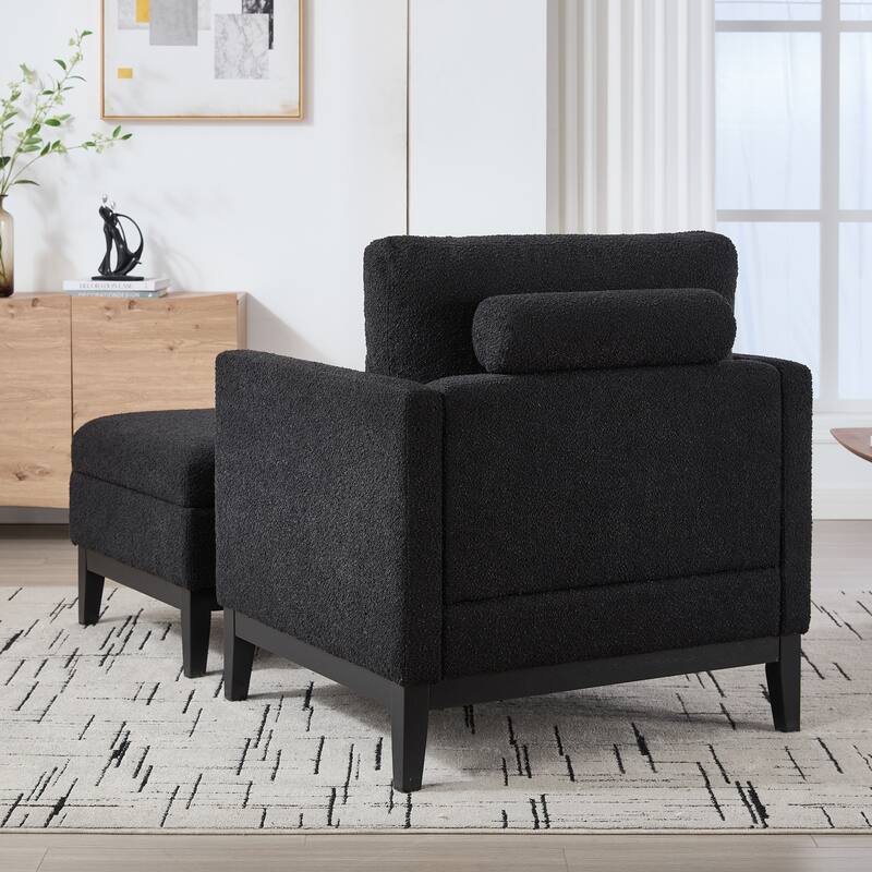35.4 "Wide Wood Base Square Accent Arm Chair with Ottoman Natural Wood Legs with Reversible Lid Coffee Table