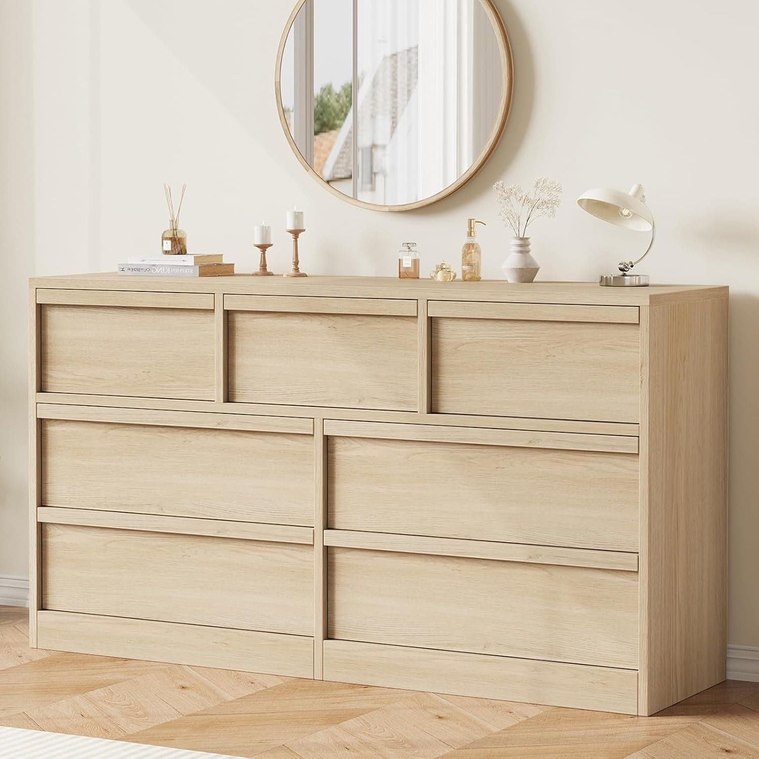 7 Drawer Dresser for Bedroom, 54in Wide Natural Oak 7 Chest of Drawers with Large Storage