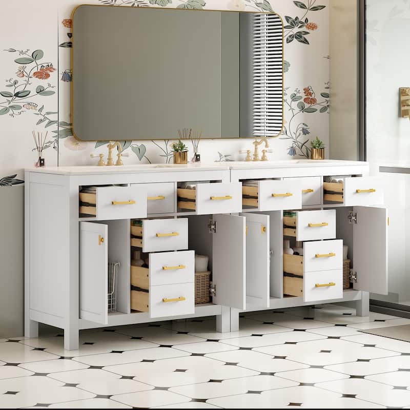 72''Vanity With Ceramic Sink Combo Set, Modern Freestanding Single Cabinet With 4 Drawers & 2 Cabinets,Storage Cabinet