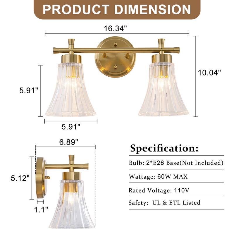 Gold Metal Wall Sconce Ribbed Trumpet Glass Shade for Bathroom Vanity