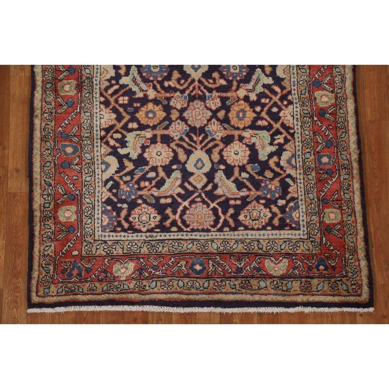 Hand Knotted Oriental 100% Wool Carpet Traditional Geometric Navy Blue & Blues Mahal Runner Rug - 10' 11'' X 3' 11''
