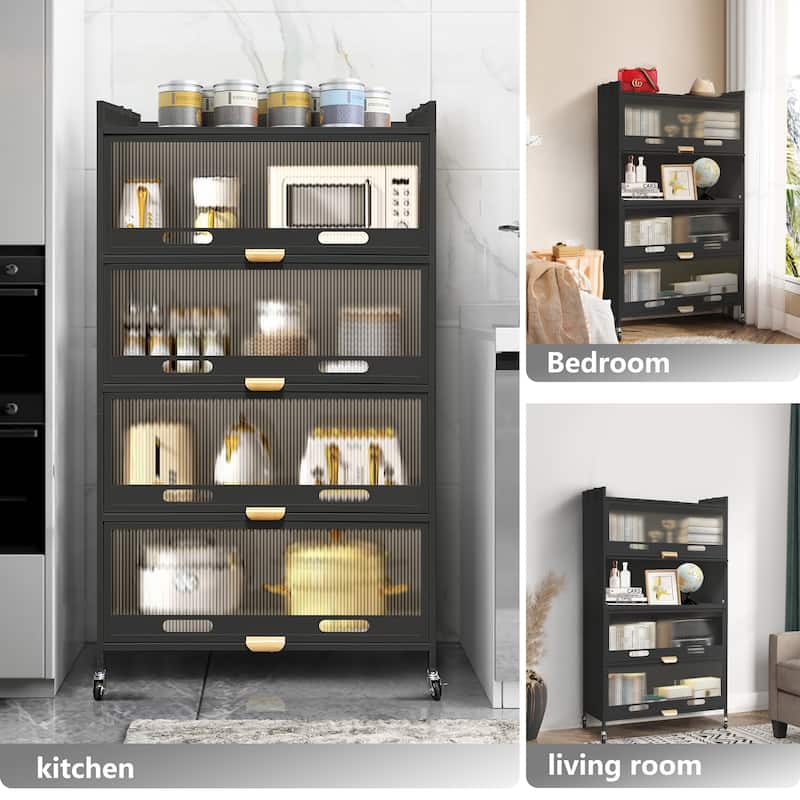 4-Door Steel Modern Buffet/Sideboard Cabinet Storage Organizer With Wheel