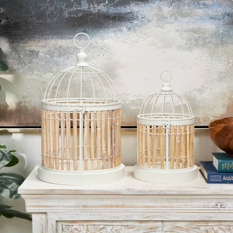 Brown Bamboo Wood Handmade Birdcage with White Metal Accents (Set of 2)
