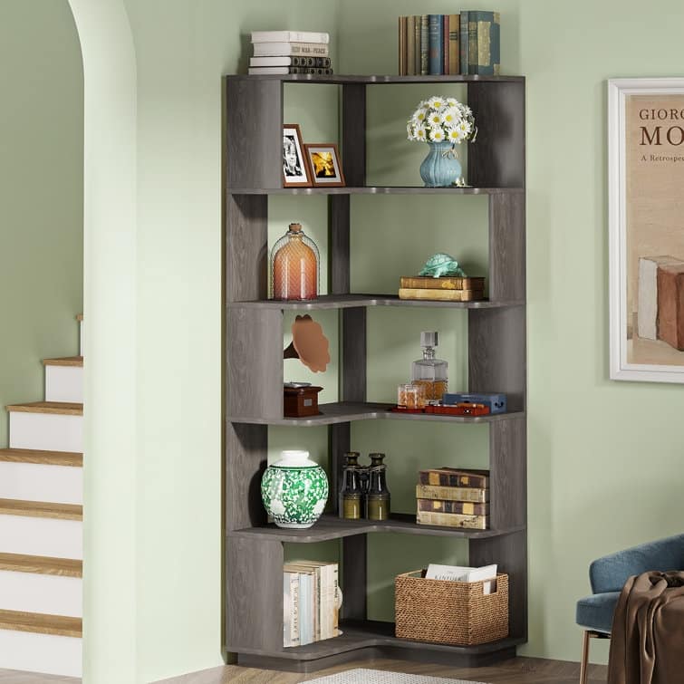 6-Tier Corner Book Shelf, 64.9"Tall Freestanding Wood Industrial Bookcase Bookshelf
